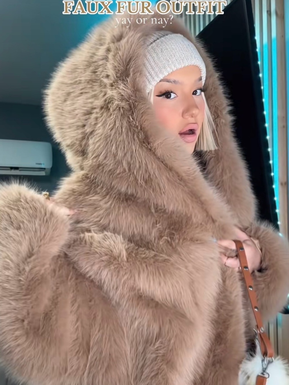 Luxury Oversized Faux Fur Hooded Coat | Plush Winter Jacket | Camel Beige - M - Picture 11 of 13